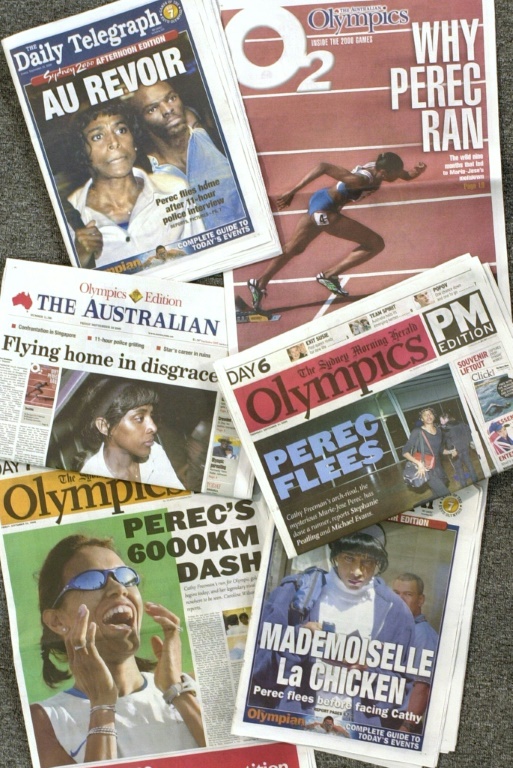 Photos des Unes de la presse australienne, le 22 septembre 2000, au lendemain du départ précipité des Jeux de Sydney de la triple championne olympique Marie-José Pérec, victime de harcèlement médiatique à l'époque, alors qu'elle devait y affronter la star locale Cathy Freeman