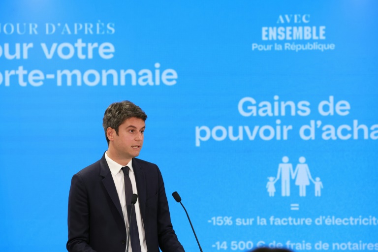 Le Premier ministre Gabriel Attal en campagne pour le camp présidentiel en amont des prochaines élections législatives anticipées, à Paris le 20 juin 2024