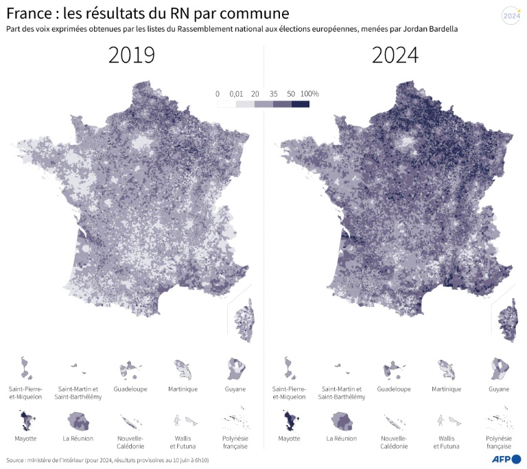 France : les résultats du RN par commune en 2019 et 2024