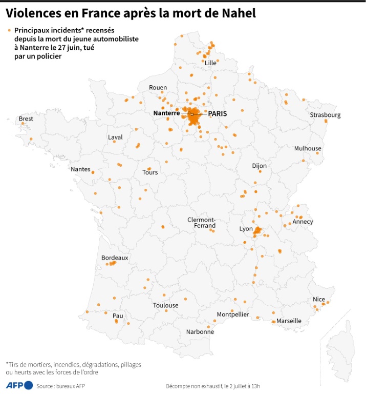 Carte de France recensant les principaux lieux d'incidents ou d'affrontements avec la police depuis la mort de Nahel, 17 ans, tué par un policier à Nanterre le 27 juin