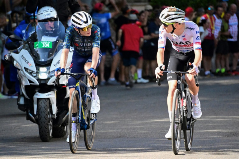 Le coureur slovène Tadej Pogacar (à droite) et le Danois Jonas Vingegaard  (à gauche) lors de la 2e étape du Tour de France, entre Cesenatico et Bologne, le 30 juin 2024