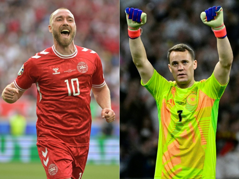 Combinaison de photos, avec à gauche le Danois Christian Eriksen lors d'un match contre la Slovénie à Stuttgart le 16 juin 2024 et à droite l'Allemand Manuel Neuer, contre l'Ecosse à Munich le 14 juin 2024. Danemark et Allemagne s'affrontent en 8e finale de l'Euro le 29 juin 2024.