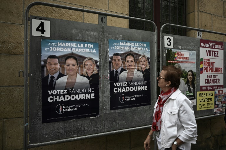 Des affiches de la candidate du RN aux législatives, Sandrine Chadournec (c) à Libourne, le 2 juillet 2024 en Gironde