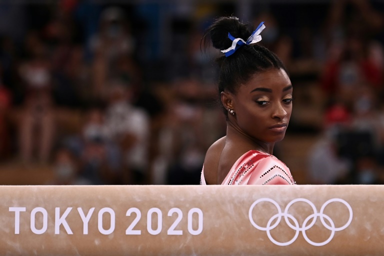 La gymnaste américaine Simone Biles lors de l'épreuve de la poutre aux JO de Tokyo, le 3 août 2021