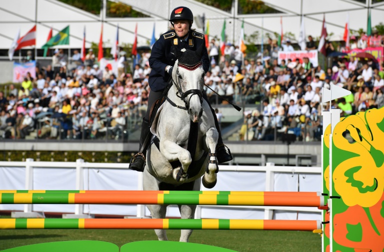 La cavalière allemande Annika Schleu lors d'un test event de pentathlon pour les JO de Tokyo, le 28 juin 2019