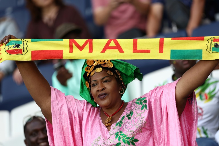 Une femme brandit une bannière du Mali avant le début de la rencontre Israël-Mali au Parc des princes, le 24 juillet 2024 à Paris