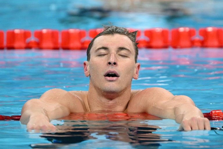 Le Français Maxime Grousset à l'issue de sa finale du 100 m papillon, à La Défense Arena, le 3 août 2024 à Nanterre