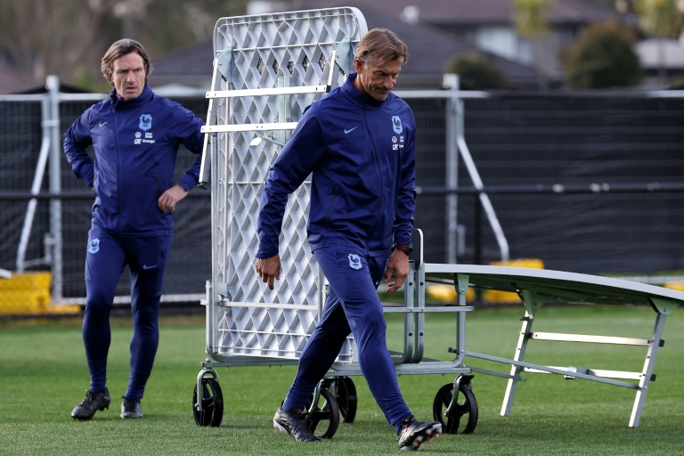 (ARCHIVES) L'entraîneur adjoint de l'équipe de France féminine Laurent Bonadei et Hervé Renard lors d'une séance d'entraînement pendant la Coupe du monde 2023, Bonadei venant d'être nommé entraîneur principal le 23 août 2024