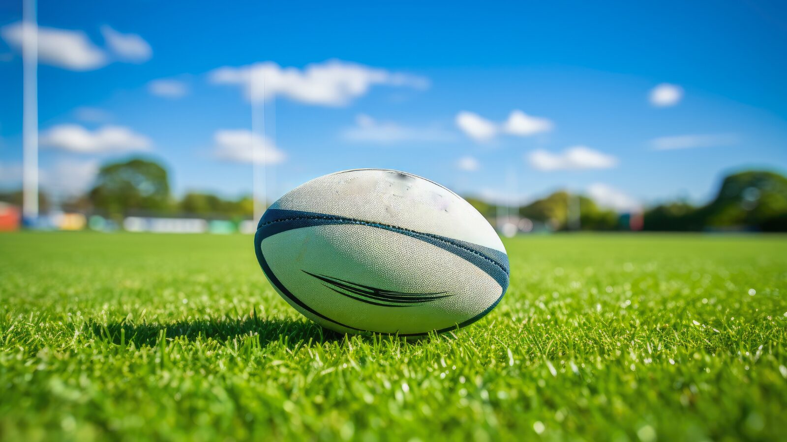 Sur une pelouse de stade, un ballon de rugby posé au sol.