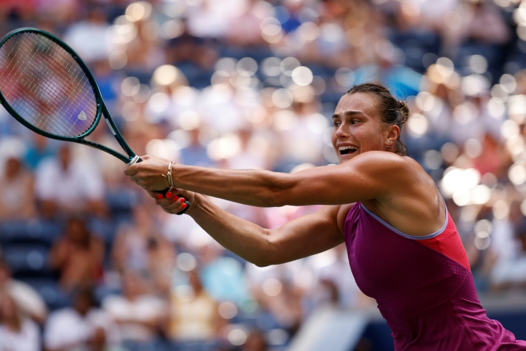 La Bélarusse Aryna Sabalenka pendant son match contre l'Italienne Lucia Bronzetti, le 28 août 2024 à l'US Open