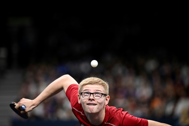 Le pongiste français Félix Lebrun le 28 juillet 2024 aux JO de Paris, à l'Arena Paris Sud