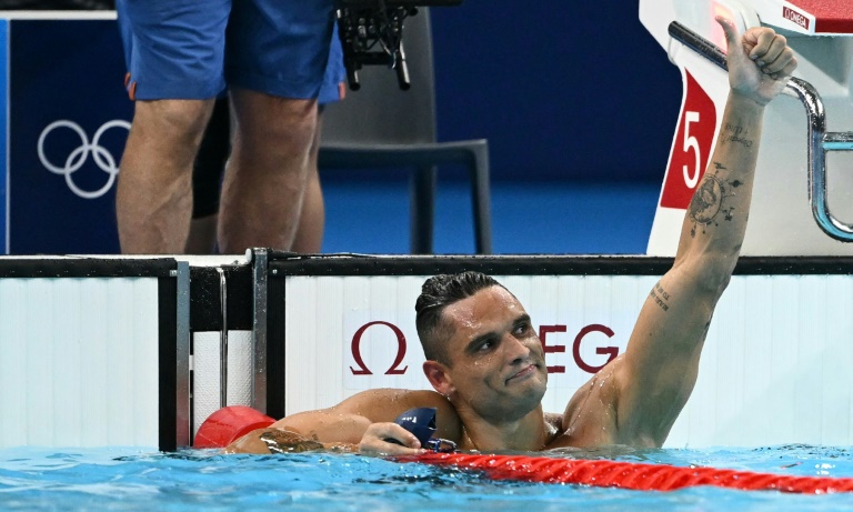 Le Français Florent Manaudou, qu dispute ses quatrièmes Jeux olympiques, après sa série du 50 m libre' des JO de Paris le 1er août 2024 à Paris La Défense Arena à Nanterre