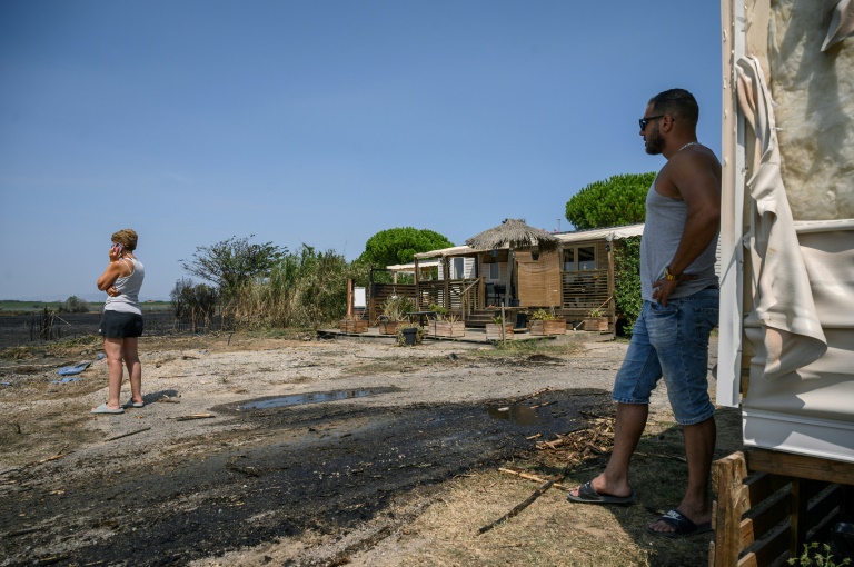 Des vacanciers regardent les traces de l'incendie qui a menacé leur camping, d'où ils ont été évacués dans la nuit, le 19 août 2024 à Canet-en-Roussillon, dans les Pyrénées-Orientales