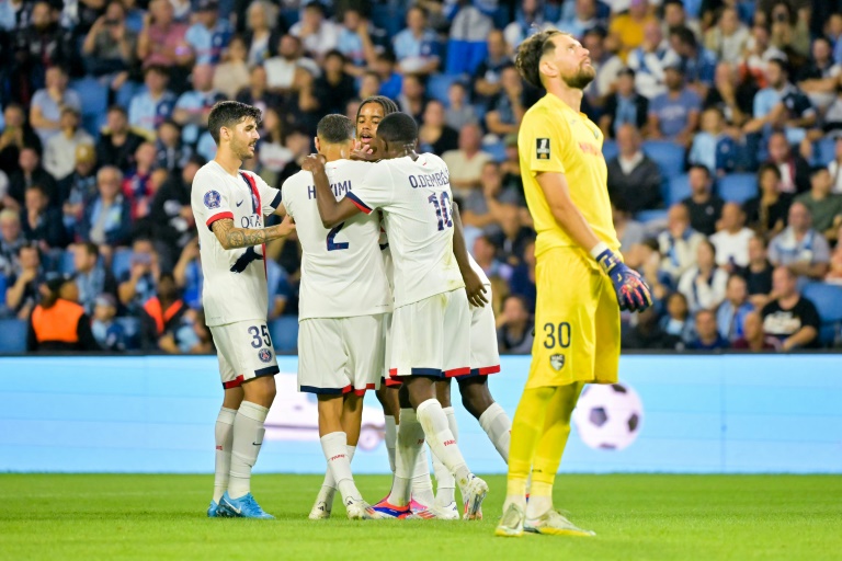 La joie des joueurs du PSG vainqueurs du Havre au Stade Océane, le 16 août 2024