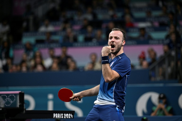 Le pongiste toulousain Simon Gauzy lors du match pour la médaille de bronze par équipes, le 9 août 2024 à Paris