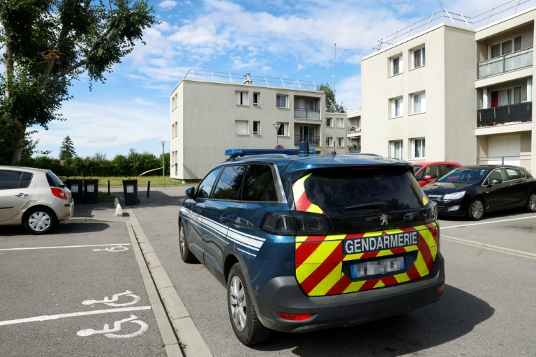 Un véhicule de la gendarmerie près d'un ensemble résidentiel où un homme a tué à coups de couteau sa compagne et leurs deux enfants et blessé deux personnes dans la rue avant d'être interpellé, le 7 septembre 2024 à Mormant, en Seine-et-Marne