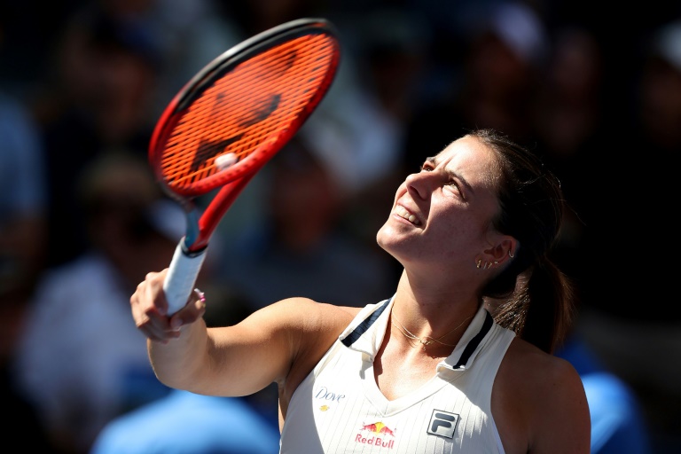 L'Américaine Emma Navarro après sa victoire contre l'Espagnole  Paula Badosa en quart de finale de l'US Open  à l'USTA Billie Jean King National Tennis Center le 3 septembre 2024