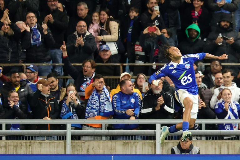 L'attaquant portugais de Strasbourg Diego Moreira buteur contre Marseille, le 29 septembre 2024 à Strasbourg