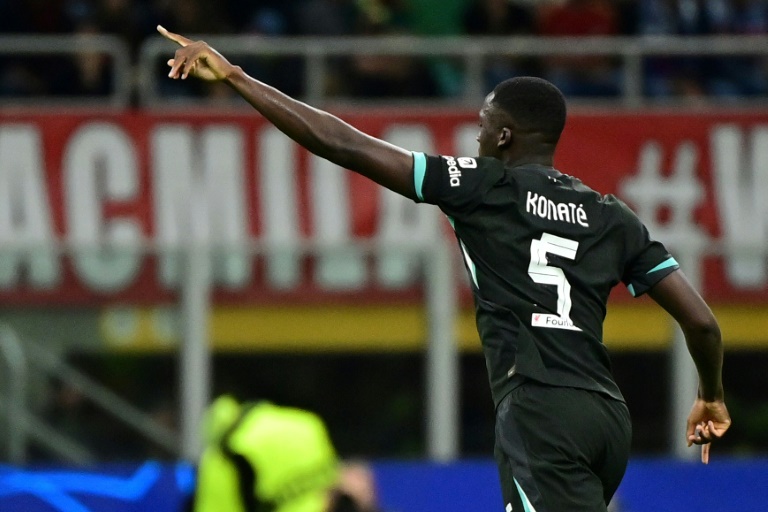 Le défenseur de Liverpool Ibrahima Konaté après son égalisation face à l'AC Milan en Ligue des champions le 17 septembre 2024 à San Siro celebrates scoring his team's first goal during the UEFA Champions League 1st round day 1 football match between AC Milan and Liverpool FC at the San Siro stadium in Milan on September 17, 2024.