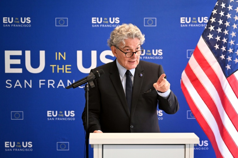 Le commissaire européen chargé du marché intérieur, Thierry Breton, lors d'une conférence de presse à San Francisco, le 22 juin 2023