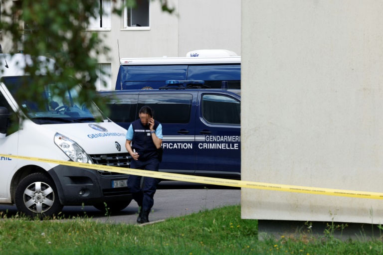 Des véhicules de la gendarmerie près d'un ensemble résidentiel où un homme a tué à coups de couteau sa compagne et leurs deux enfants et blessé deux personnes dans la rue avant d'être interpellé, le 7 septembre 2024 à Mormant, en Seine-et-Marne