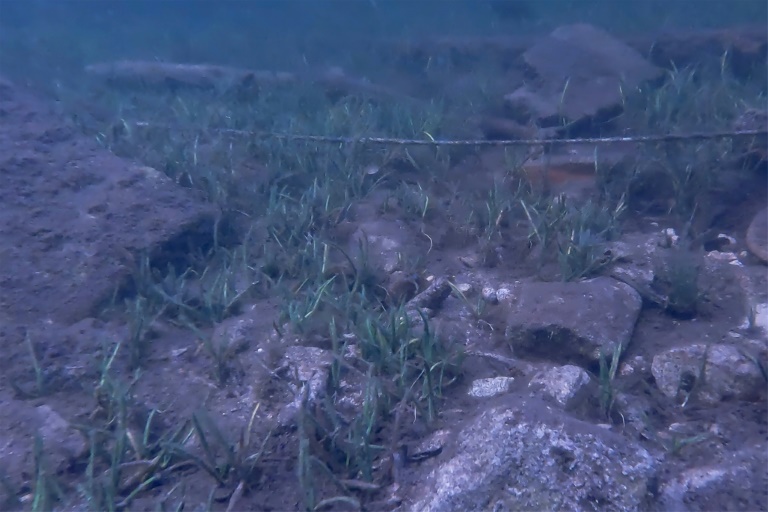 Capture d'une vidéo montrant un cylindre creux ressemblant à la tête d'une grenade à main allemande de la Première Guerre mondiale, au fond du lac de Gérardmer le 20 septembre 2024