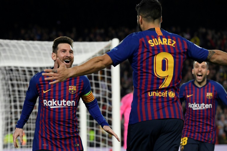 Luis Suarez et Lionel Messi célèbrent un but du FC Barcelone face à Liverpool en demi-finale aller de la Ligue des Champions, le 1er mai 2019 au Camp Nou