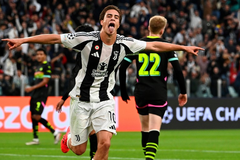 L'attaquant de la Juventus Turin Kenan Yildiz après l'ouverture du score contre le PSV Eindhoven en Ligue des champions le 17 septembre 2024 à Turin