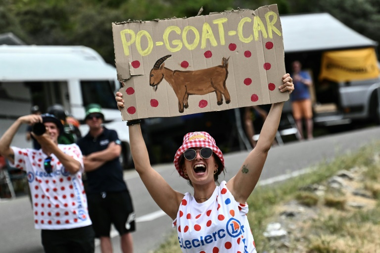 Une spectatrice brandit une pancarte pour le Slovène Tadej Pogacar pendant la 19e étape du Tour de France entre Embrun et Isola 2000, le 19 juillet 2024