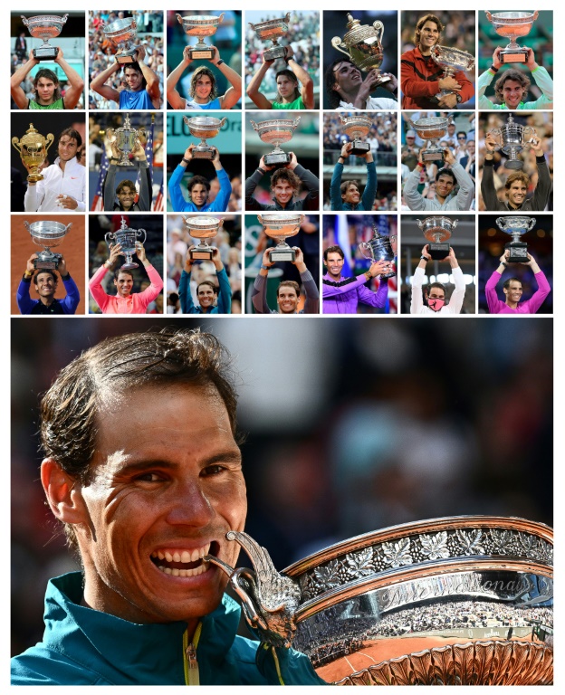 Le 5 juin 2022, Rafael Nadal remporte à Roland-Garros son 22e titre du Grand Chelem. Ici un montage le représentant avec chacun de ses trophées.