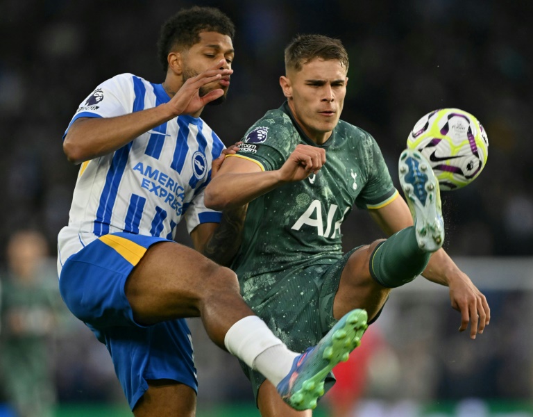 L'attaquant français de Brighton Georgino Rutter (g) à la lutte avec le défenseur néerlandais de Tottenham Micky van de Ven, le 6 octobre 2024 à Brighton