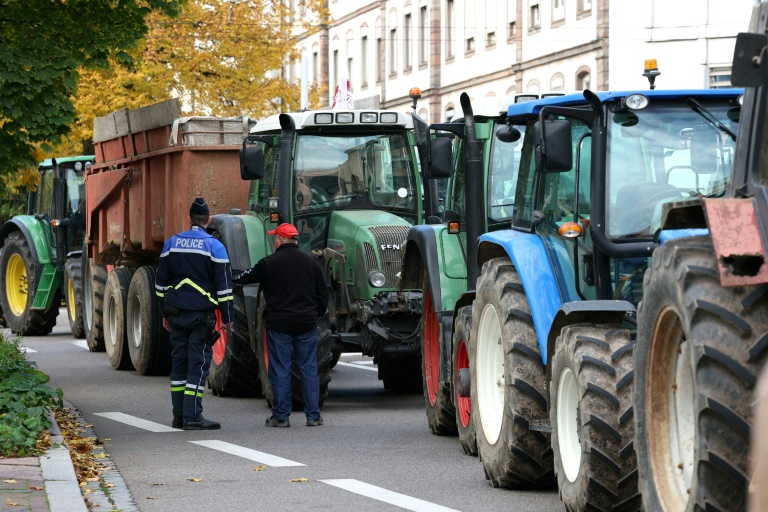 Des agriculteurs lors d'un rassemblement organisé par la FDSEA du Bas-Rhin et les Jeunes Agriculteurs du Bas-Rhin, le 21 octobre 2024 à Strasbourg