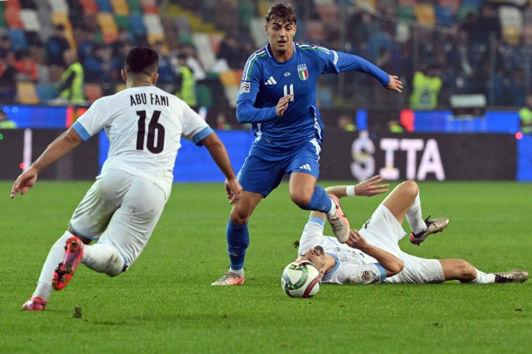 Le jeune attaquant italien Daniel Maldini (N.11) contre Israëlau stade du Friuli, le 14 octobre 2024 à Udine