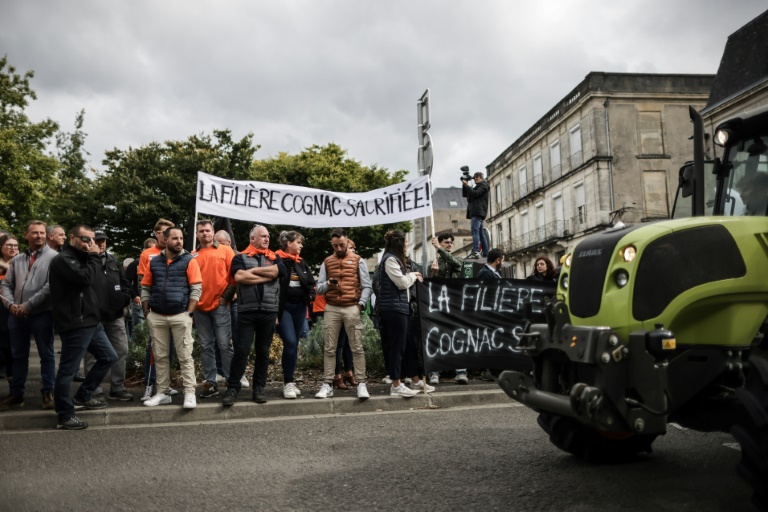 Des producteurs de Cognac manifestent à Cognac (sud-ouest de la France) le 17 septembre 2024 contre la menace de surtaxes chinoises sur leur produits