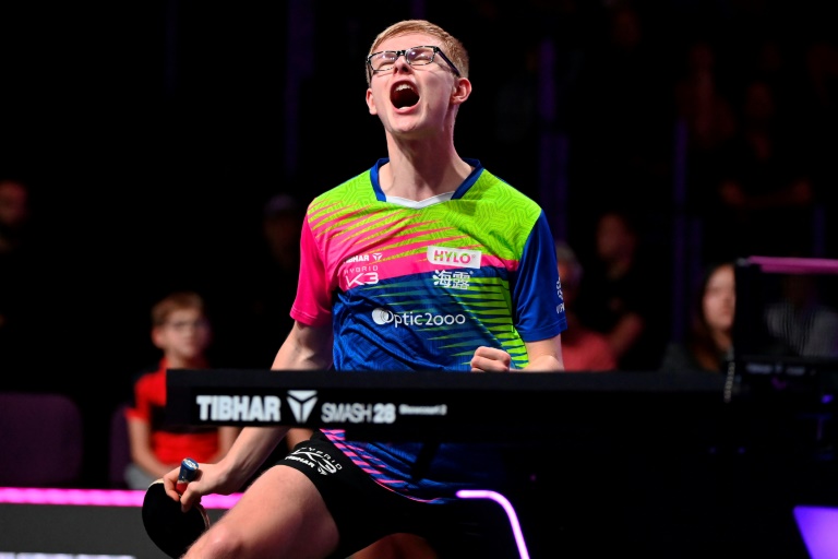 Félix Lebrun célèbre le gain d'un point face à Alexis Lebrun pendant leur quart de finale du tournoi WTT Champions de Montpellier, à Montpellier, le 26 octobre 2024