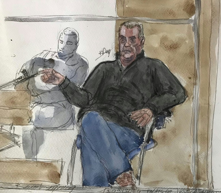 Un croquis d'audience de Dominique Pelicot au tribunal d'Avignin, le 17 septembre 2024