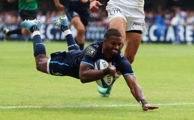 Léo Coly, demi de mélée de Montpellier, ici dans l'en-but du Stade Toulousain, le 21 septembre 2024, à Montpellier