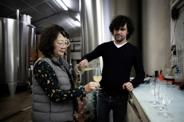 La propriétaire du Château des Chapelains, Zhang Rong (g) et son maître de chai dégustent une nouvelle récolte dans les caves du domaine, à Saint-André-et-Appelles, le 26 septembre 2024 en Gironde