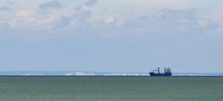 Un cargo au large vu de la plage de Tardinghen, dans le Pas-de-Calais, le 4 avril 2019