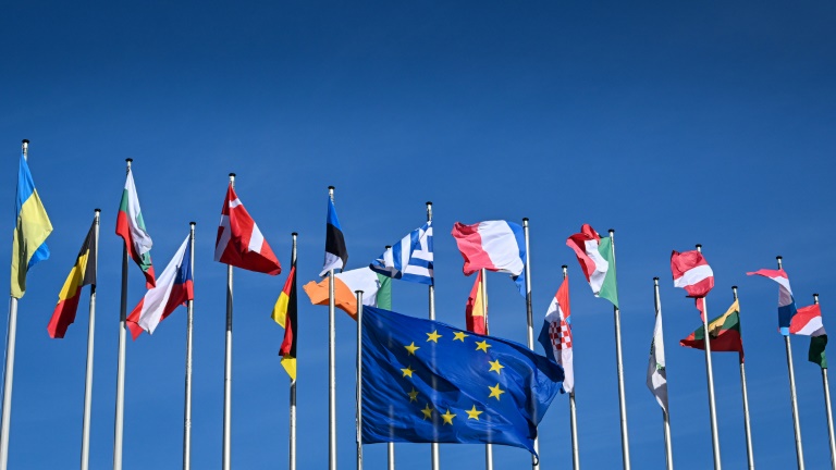 Des drapeaux des pays de l'UE devant le Parlement européen à Strasbourg (Est de la France) le 25 mars 2024