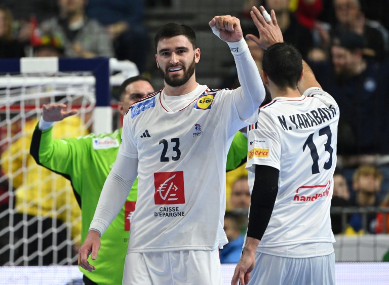 Le pivot français Ludovic Fabregas (g) et l'arrière gauche français Nikola Karabatic lors match du tour principal du Championnat d'Europe EHF de handball EURO 2024 masculin entre la France et l'Autriche à Cologne, dans l'ouest de l'Allemagne, le 22 janvier 2024