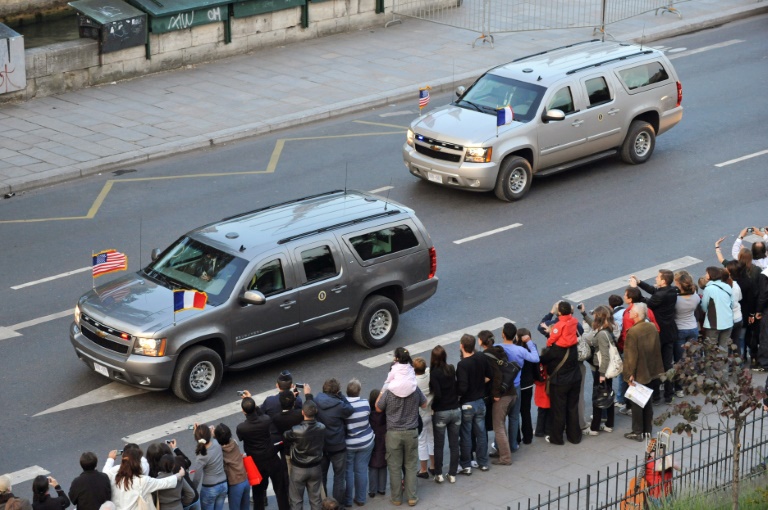 Le convoi automobile de Barack Obama lors de sa visite de Notre-Dame de Paris, le 6 juin 2009