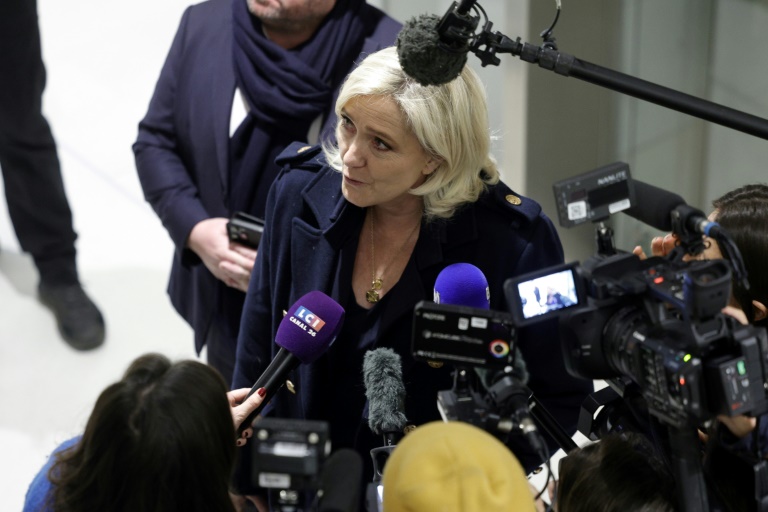 Marine Le Pen, cheffe de file du Rassemblement national, fait une déclaration aux journalistes à son arrivée au tribunal pour le procès des assistants parlemantaires du RN, le 13 novembre 2024 à Paris