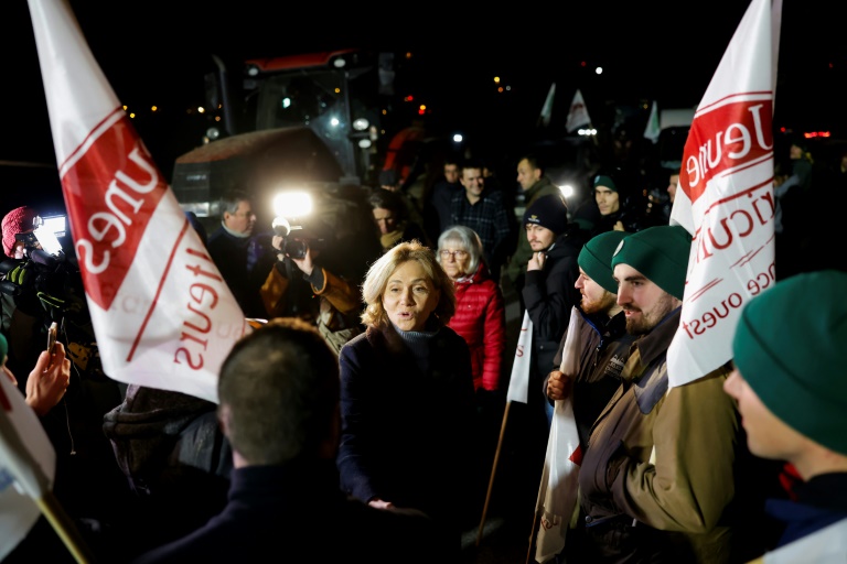 La présidente de la région Île-de-France Valérie Pécresse rencontre des agriculteurs près de Vélizy-Villacoublay, dans le sud-ouest de Paris, le 17 novembre 2024