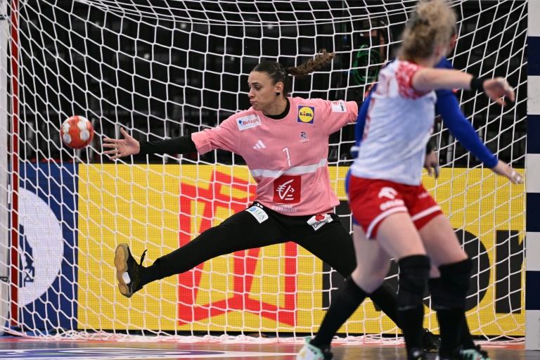 Laura Glauser dans les cages de l'équipe de France de handball lors de la victoire (35-22) face à la Pologne le 28 novembre 2024 à Bâle. La gardienne de l'équipe de France a été désignée joueuse du match