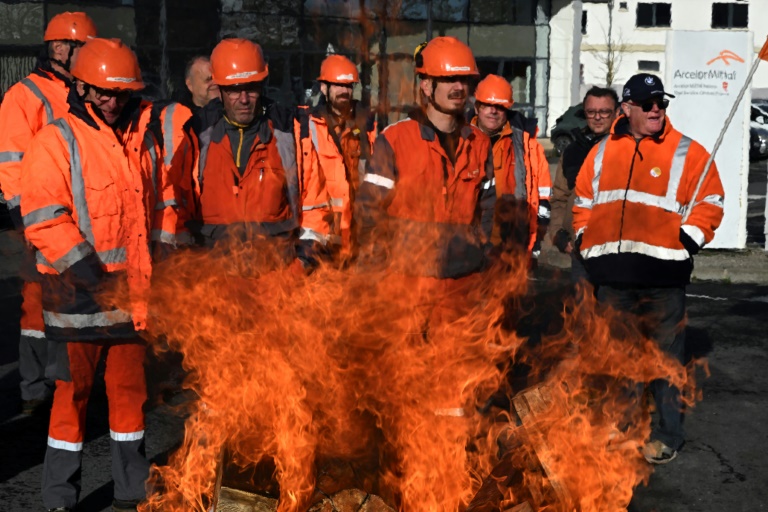 Des salariés d'ArcelorMittal devant leur usine de Saint-Brice-Courcelles, près de Reims, le 20 novembre 2024