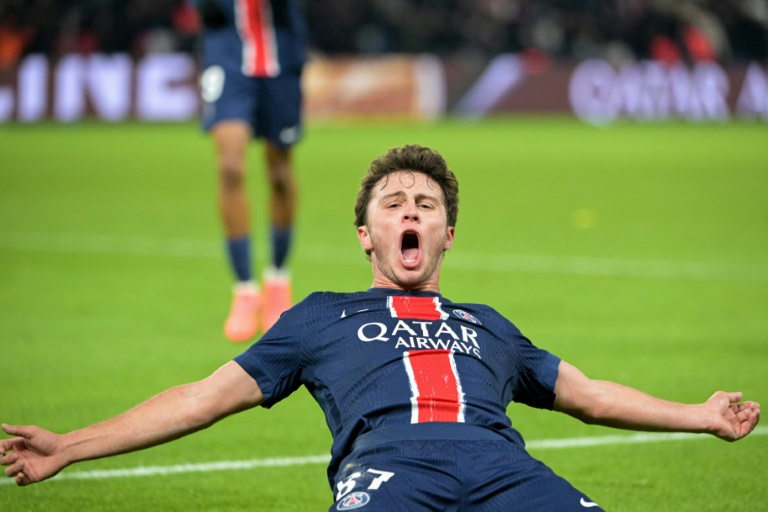 Joao Neves peut exulter, il vient d'ouvrir le score pour Paris face à Toulouse au Parc des Princes, le 22 novembre 2024