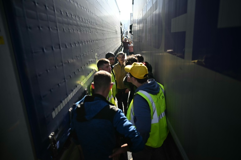 Des agriculteurs de la Coordination rurale se trouvent entre des camions après avoir mis en place un barrage sur l'A9 pour bloquer le trafic entre l'Espagne et la France, le 19 novembre 2024 au Boulou, dans les Pyrénées-Orientales