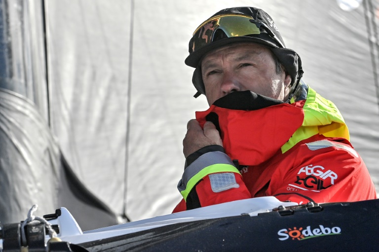 Thomas Coville à bord du Sodebo Ultim à Lorient, le 22 novembre 2024, à quelques jours du départ pour le Trophée Jules Verne