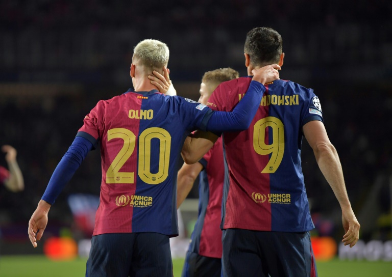 Dani Olmo et Robert Lewandowski, buteurs de Barcelone contre Brest en Ligue des champions, le 26 novembre 2024 à Barcelone